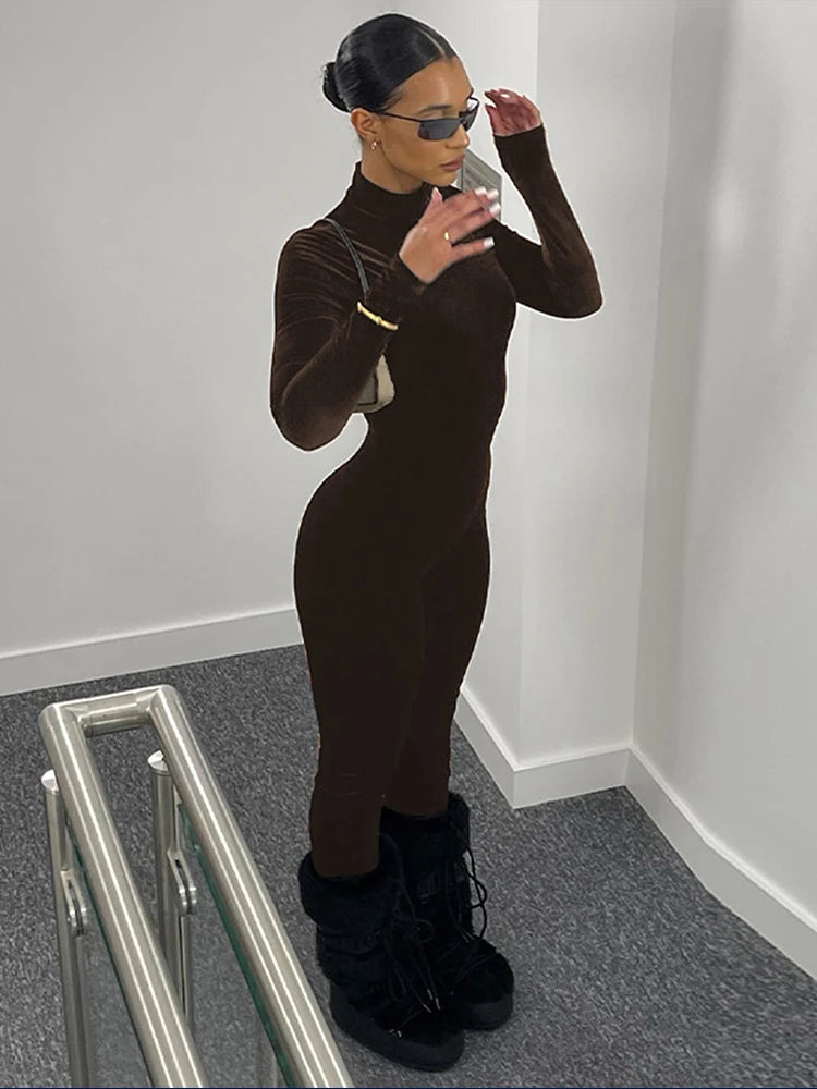 Dulzura Herbst Samt Sexy Y2K Kleidung Lange Hülse O-ansatz Bodycon Dünne Zipper Overall Frauen Sportliche Streetwear Strampler Outfits