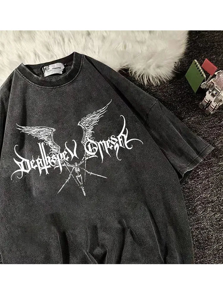 Damen Sommer Top Gothic Punk T-Shirt Rundhals Streetwear lockeres Damentop
