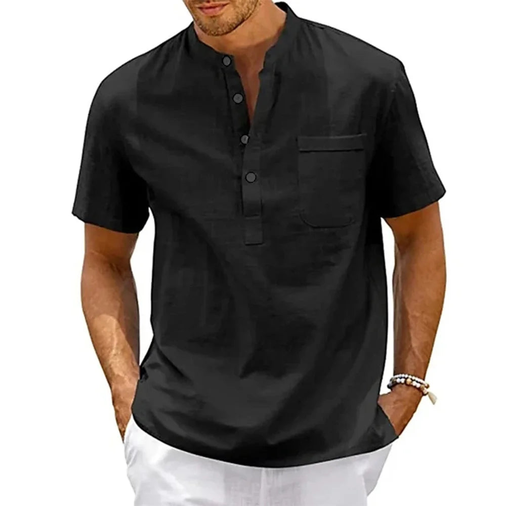 Herren Hemd Poloshirt Leinenhemd Kurzarm T-Shirt Leinen Polohemd Freizeithemd