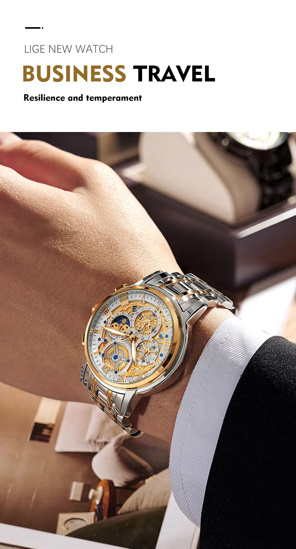 Herren Armbanduhr Silber Schwarz Edelstahl Quarzuhr Luxus Chronograph Business