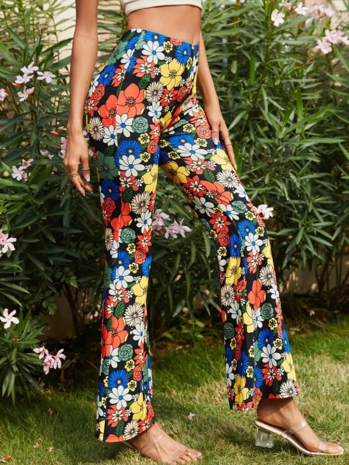 Damen Yoga Hose Bootcut Hüftjeans Schlaghose Flared Leggins Flower Power Retro