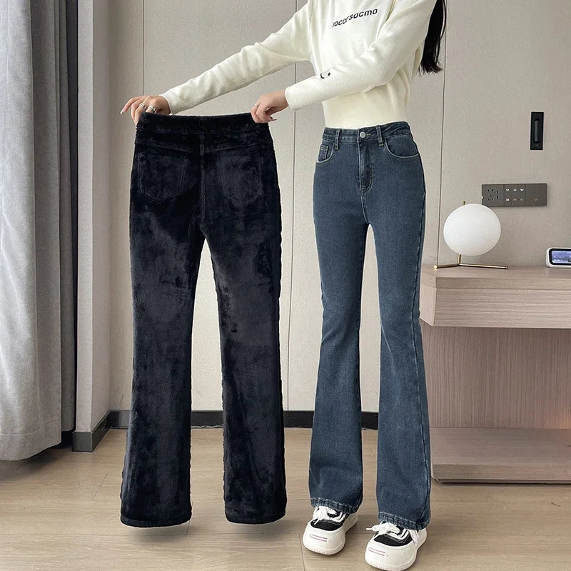 Damen Winter Warm Thermo Jeans Hose Innenfleece Stretch Hosen Leggins Denim