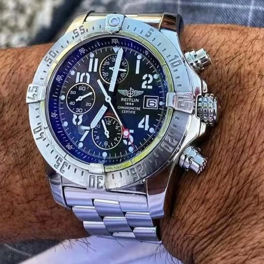 Herren Armbanduhr Silber Schwarz Edelstahl Quarzuhr Luxus Chronograph Business