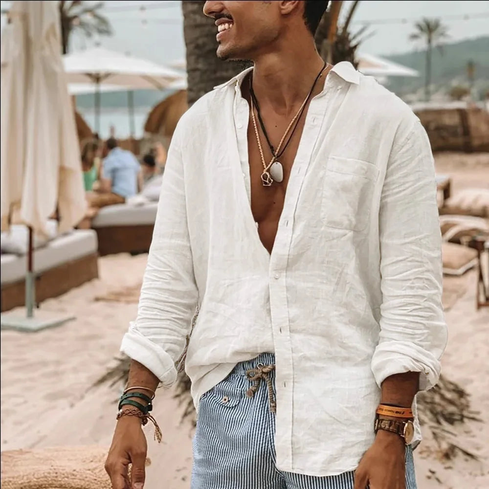 Herren-Langarmhemd, Frühling und Sommer, leichte Strandhemden, Umlegekragen, einfacher Basic-Stil, einreihiges Oberteil