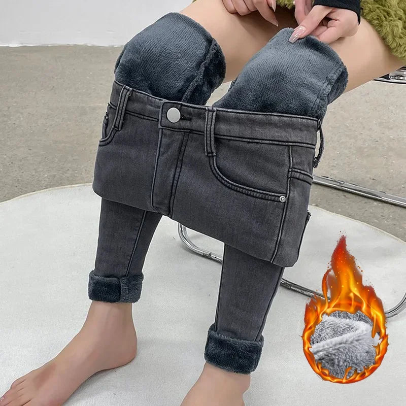 Damen Winter Warm Thermo Jeans Hose Innenfleece Stretch Hosen Leggins Denim