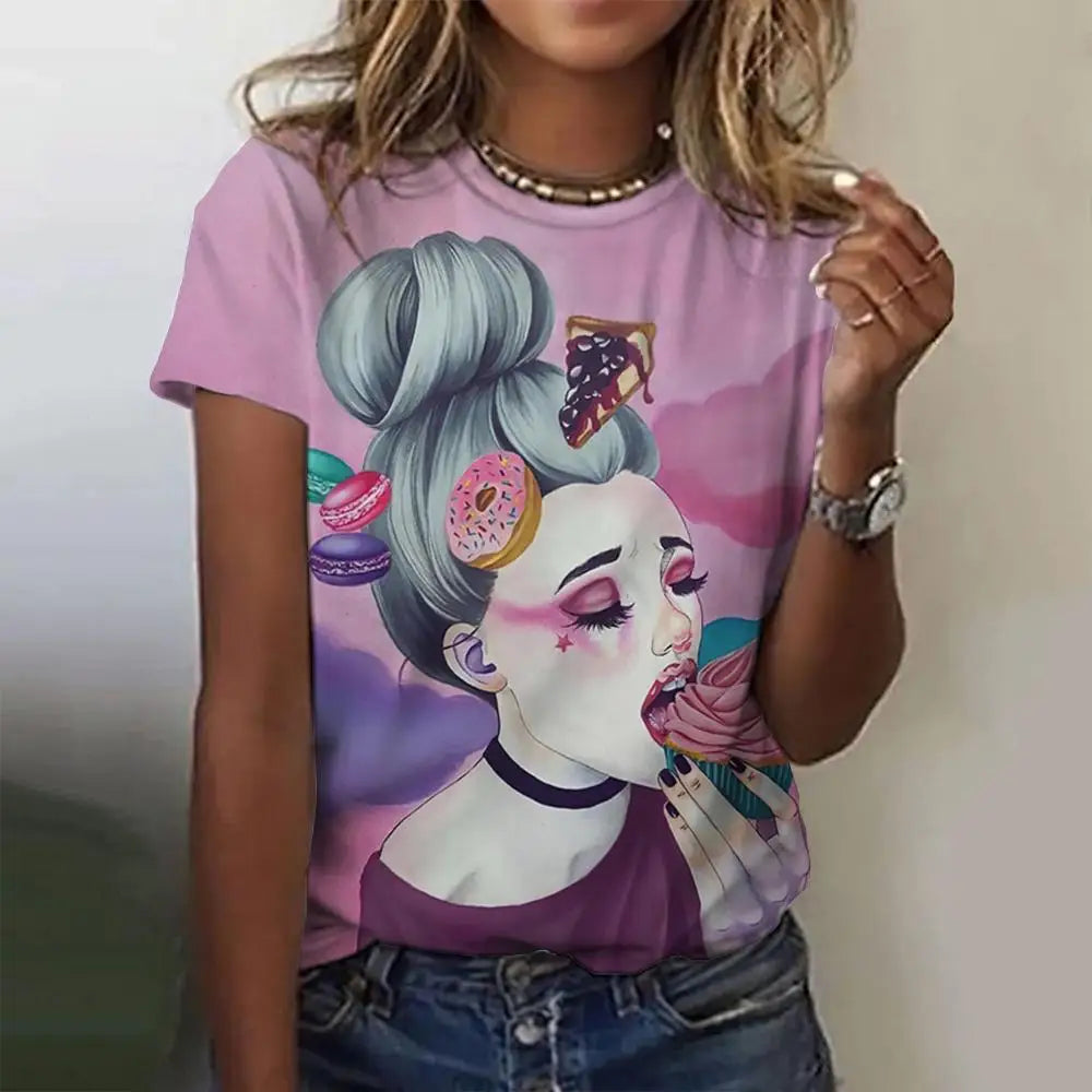 Damen Sommer Top 3D Cartoon T-Shirt Rundhals Streetwear lockeres Damentop Bluse