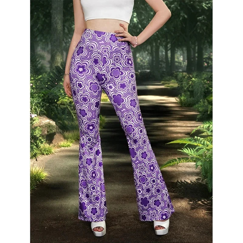Damen Yoga Hose Bootcut Hüftjeans Schlaghose Flared Leggins Flower Power Retro