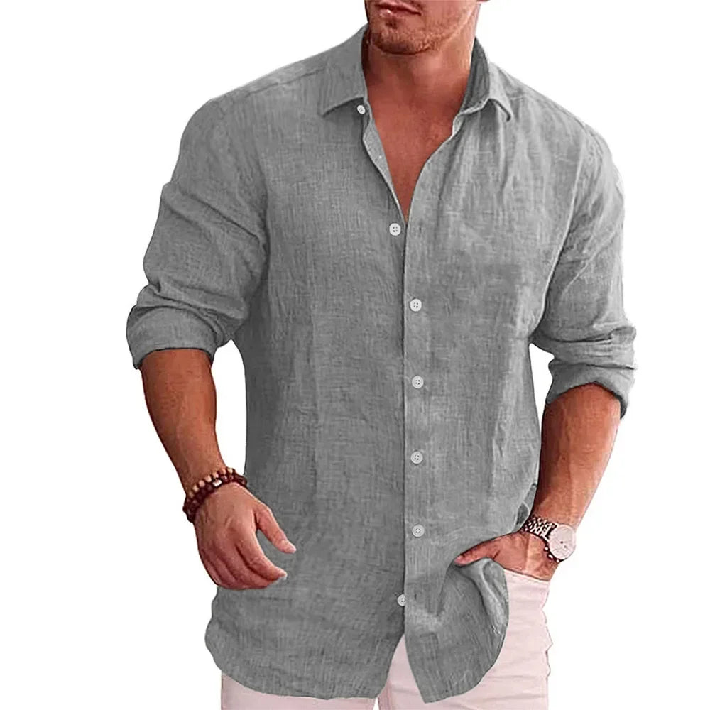 Herren Poloshirt Leinenhemd Langarm T-Shirt Leinen Hemd Polohemd Freizeithemd