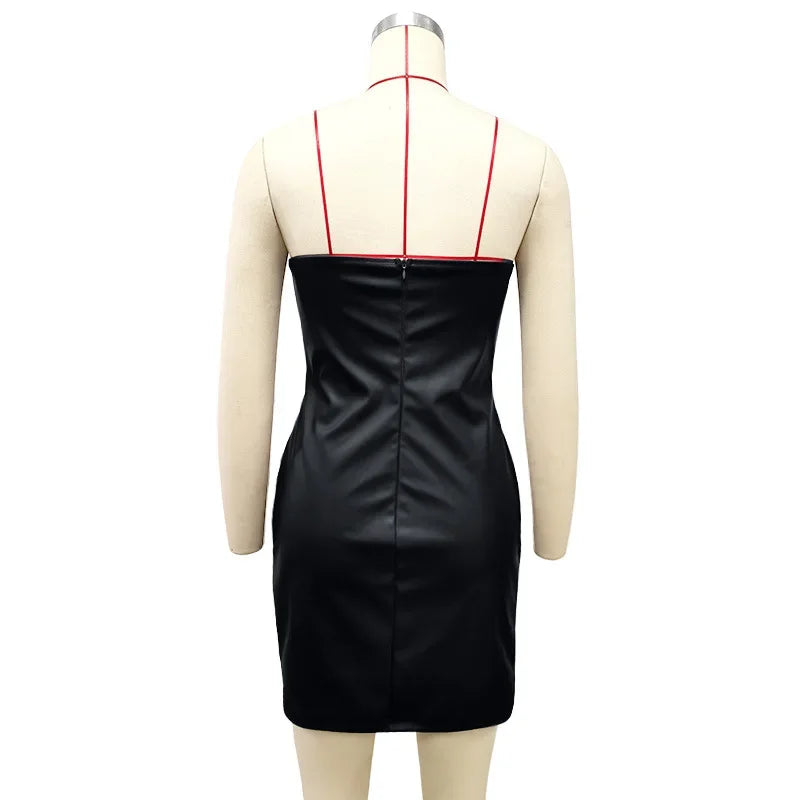 Frauen PU Leder Kleid rückenfreies Partykleid Trägerlos Abendkleid Cocktailkleid
