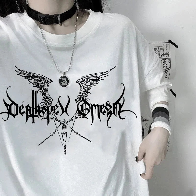 Damen Sommer Top Gothic Punk T-Shirt Rundhals Streetwear lockeres Damentop