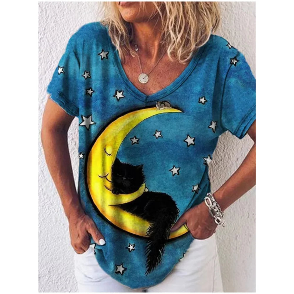 Damen Sommer Top Katzen T-Shirt Rundhals Streetwear Bluse Damentop Mädchen