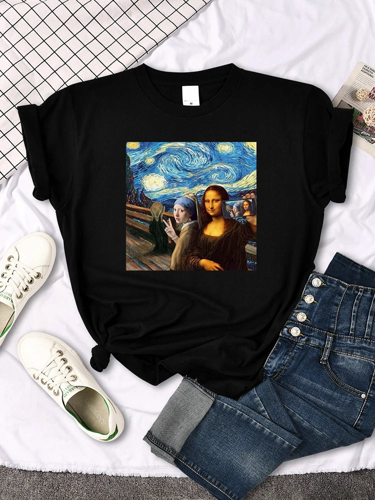 Damen Sommer Top Mona Lisa T-Shirt Rundhals Streetwear lockeres Damentop Mädchen