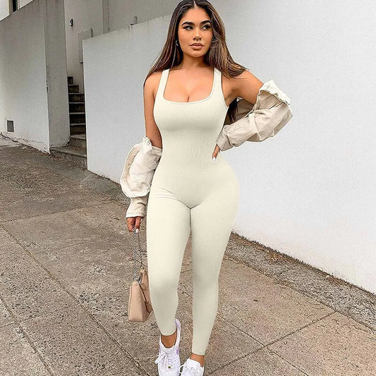 Damen Bodycon Gerippt Overall Stretch Yoga Jumpsuit Streetwear Fitness Strampler