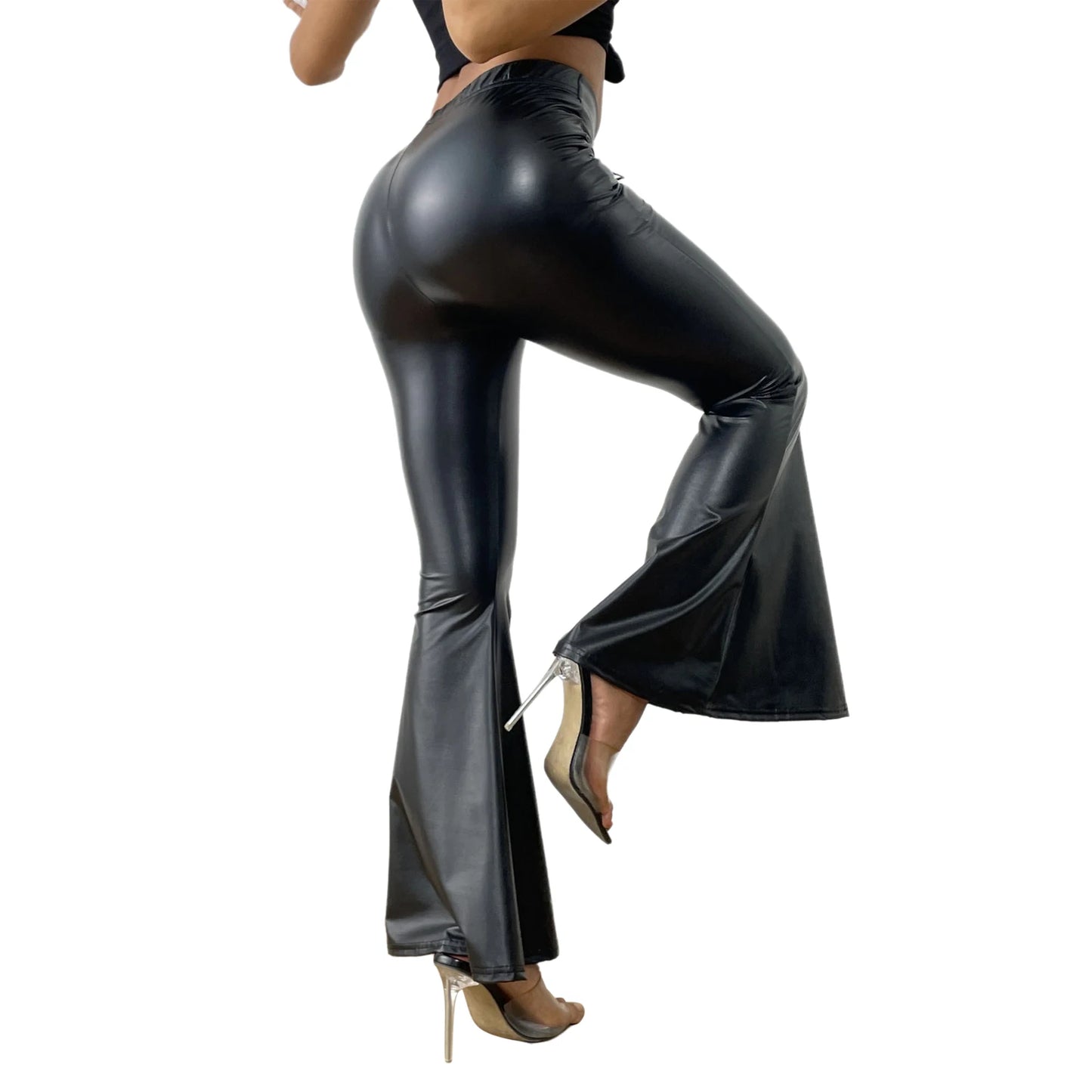 Sexy Damen Fashion Hose Gothic Punk glänzende PU Lederhose Schlaghose Latex