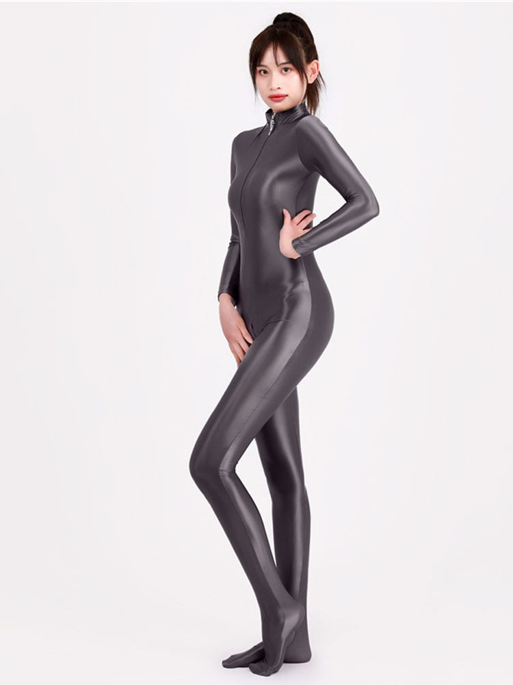 Sexy Damen Glänzender Metallischer Overall Bodysuit Catsuit Clubwear Fetisch
