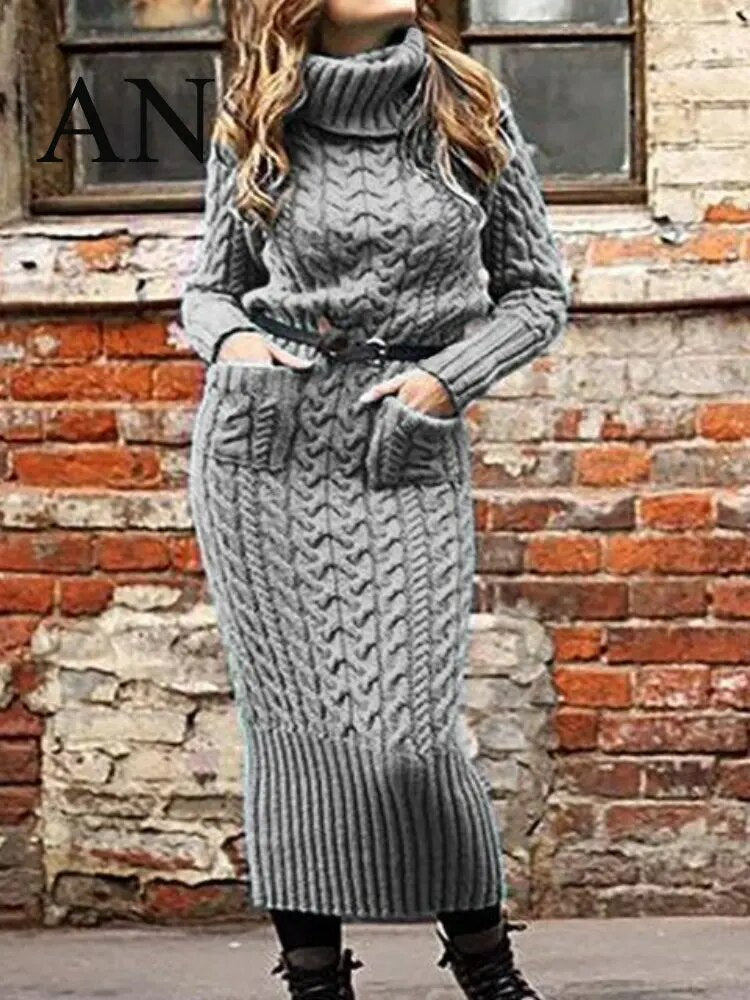 Damen Wollkleid Rollkragen Stiefelkleid Herbstkleid Winterkleid Strickkleid