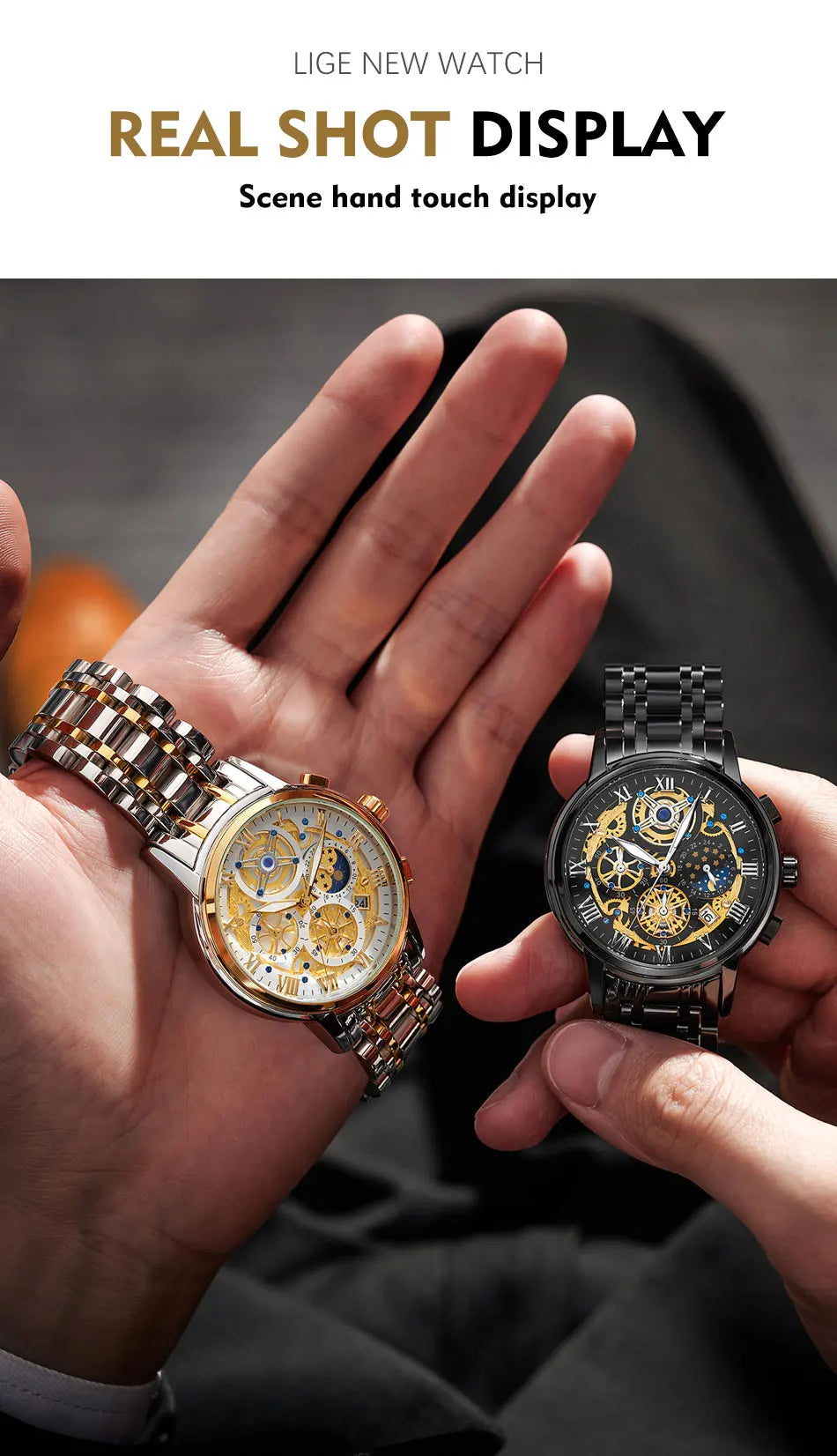 Herren Armbanduhr Silber Schwarz Edelstahl Quarzuhr Luxus Chronograph Business