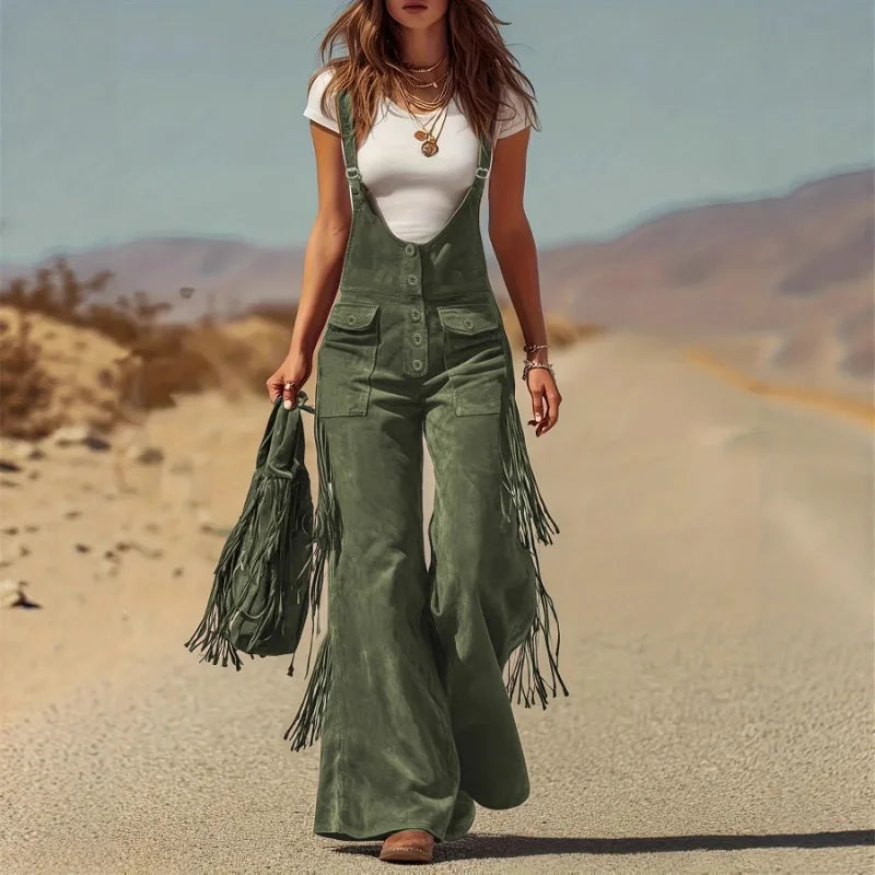 Damen Fashion Hose Latzhose Schlaghose Retro Western Flare Trägerhose Overall