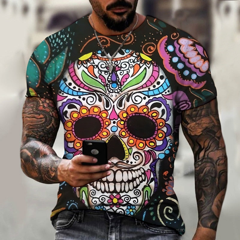 Fashion Herren Horror Skull 3D T-Shirt Rundhals Unisex Sommer Streetwear