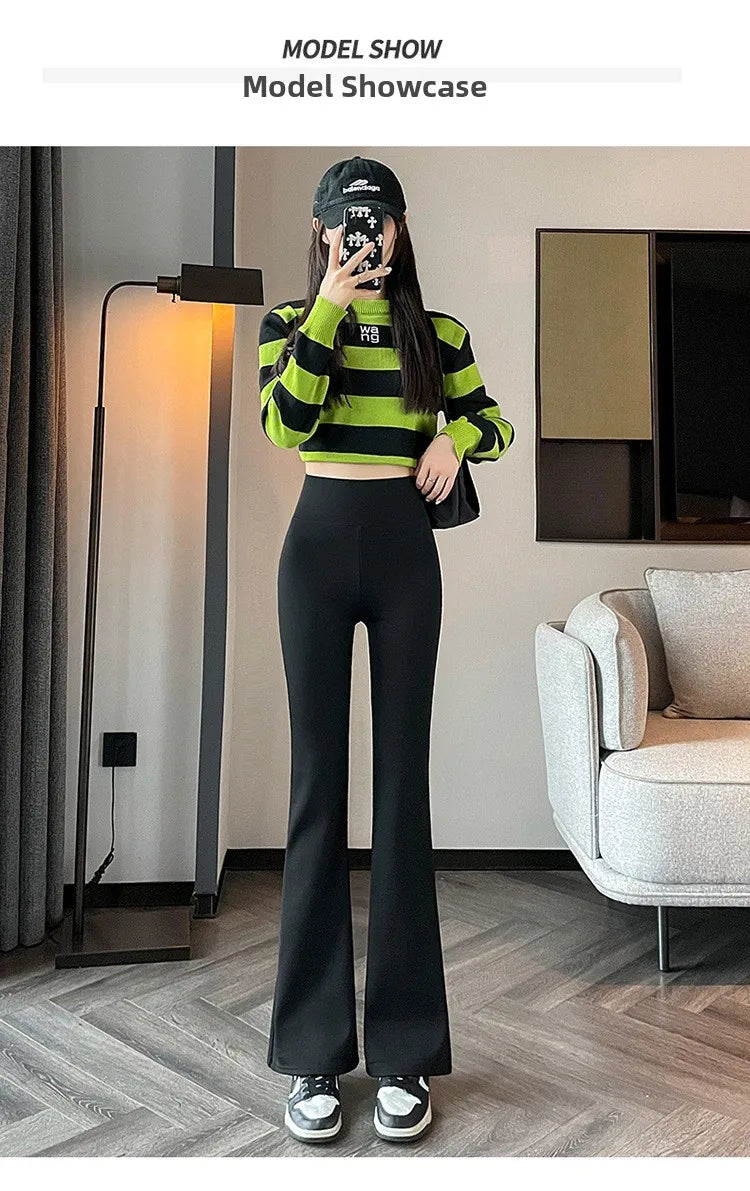Hohe Taille, mit Fleece gefüttert, Bootcut-Yogahose, Damen-Oberbekleidung, Frühling, Herbst, Winter, schlankmachend, schwarz, Bauchkontrolle, lässig, Hai...
