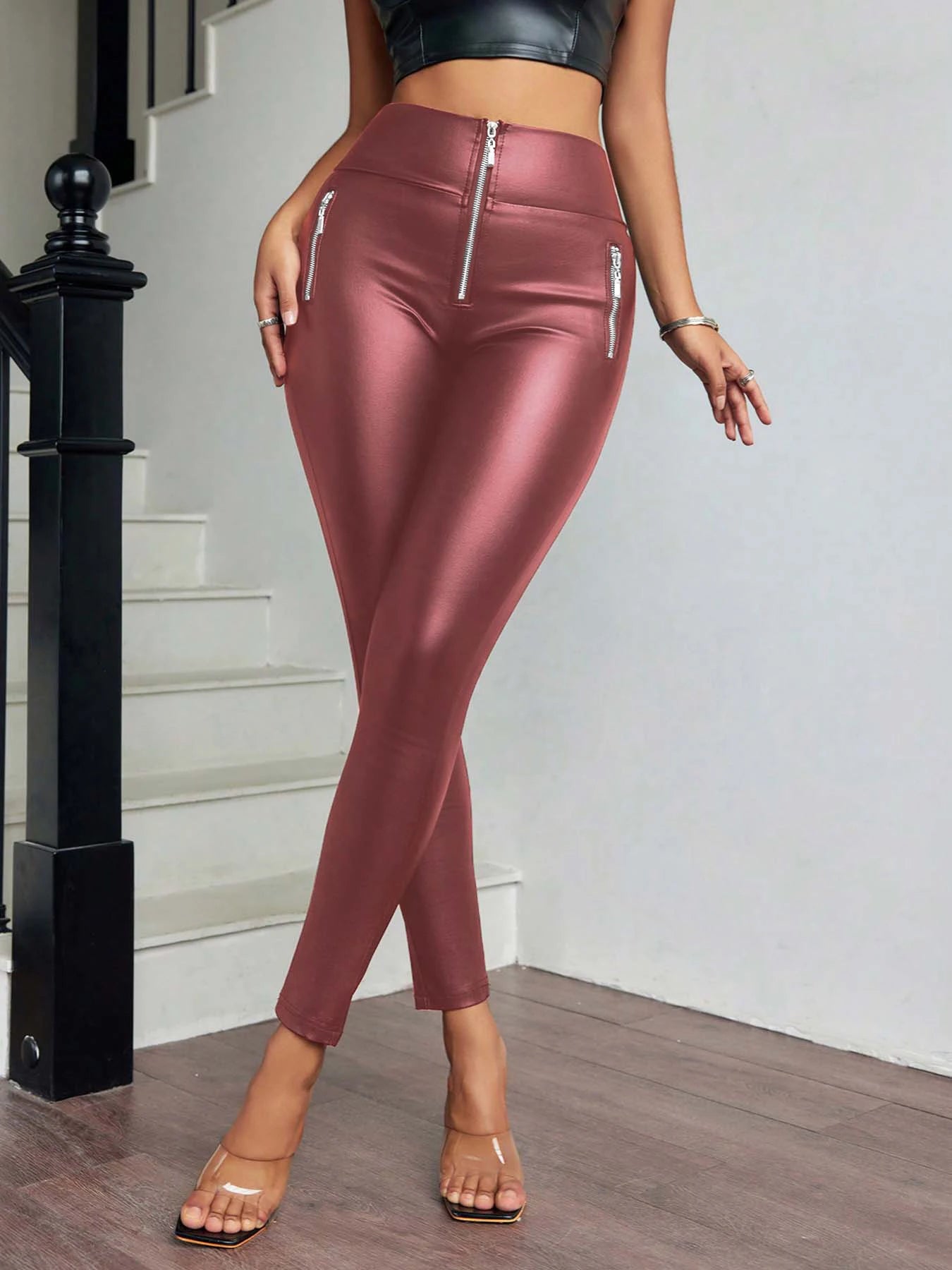 Sexy Damen Leggings Push Up Leggins Hose glänzendes PU Lederhose mit Taschen