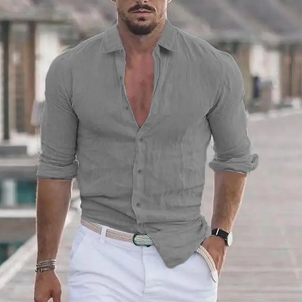 Herren Hemd Poloshirt Leinenhemd Langarm T-Shirt Leinen Polohemd Freizeithemd