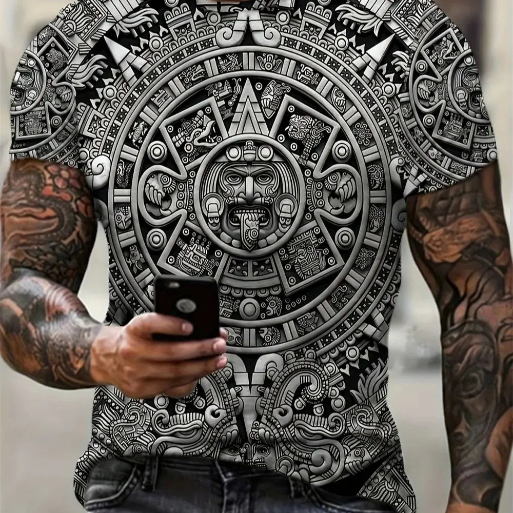 Aztec Themed Muster 3D Print T-Shirt Kompressionsshirt Kurzarm T-Shirt Herren Sommer T-Shirts Vintage Print Herrenbekleidung Tops