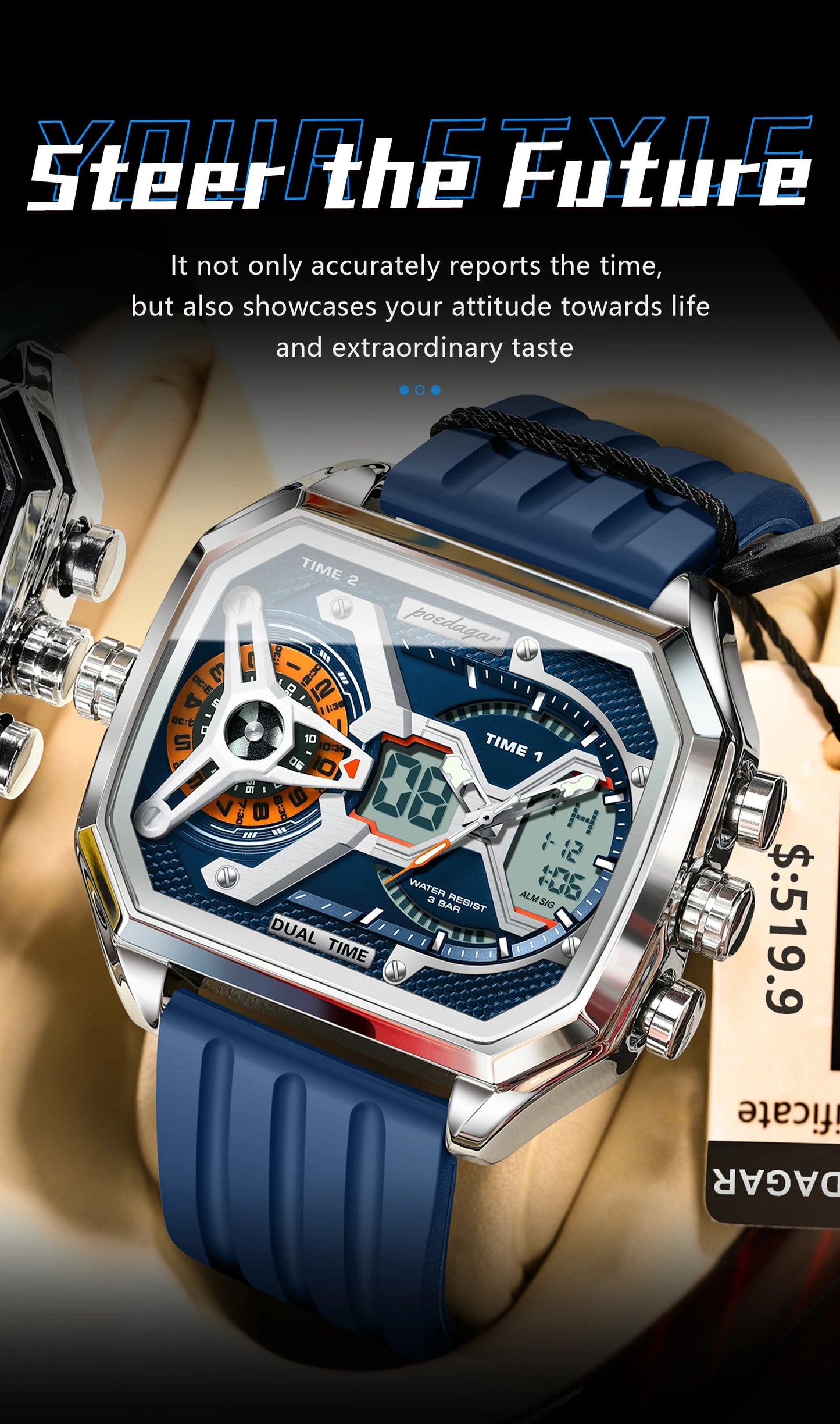 Orologio Uomo Quarzo Acciaio Inossidabile Orologio digitale Cronografo sportivo