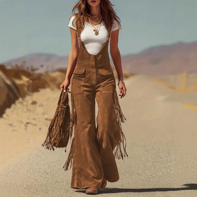 Damen Fashion Hose Latzhose Schlaghose Retro Western Flare Trägerhose Overall