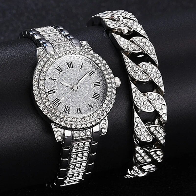 Damen Armband Uhren Set Strass Luxus Quarz Silber Gold Business Armbanduhr