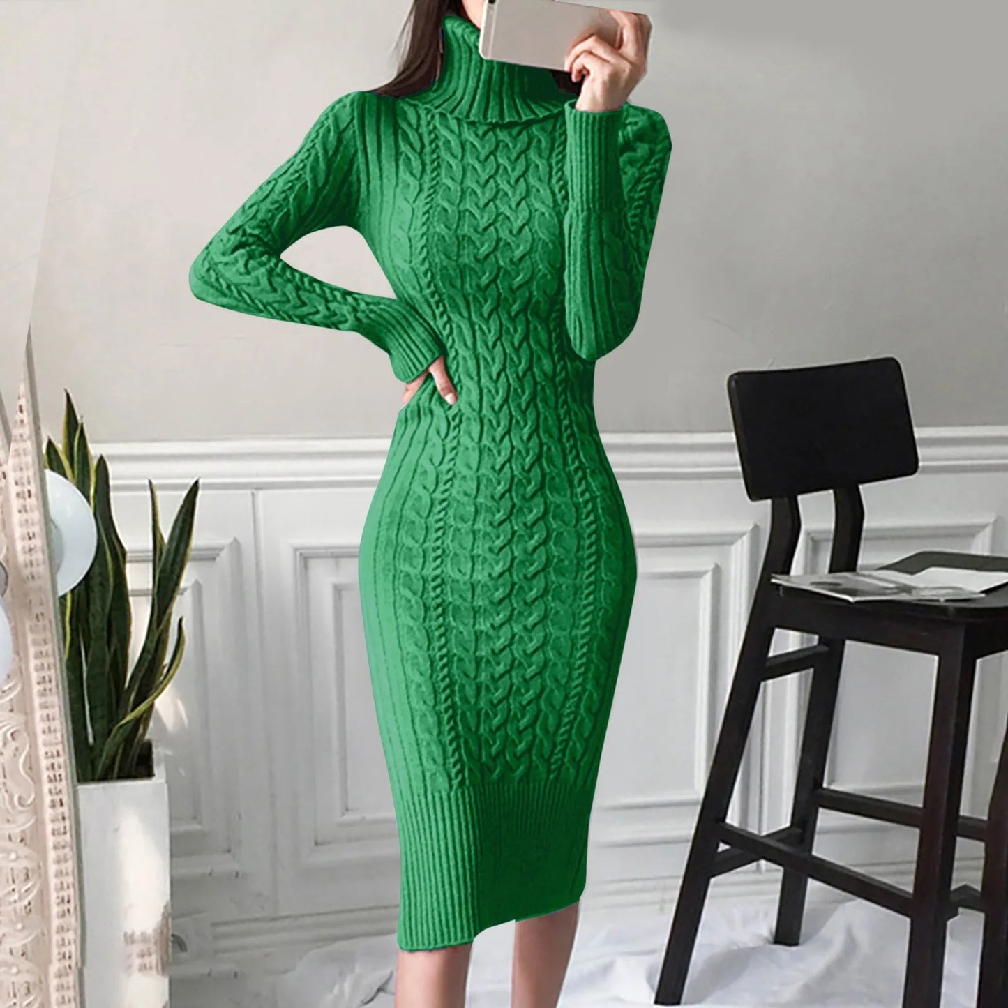 Damen Wollkleid Rollkragen Stiefelkleid Herbstkleid Winterkleid Strickkleid Long