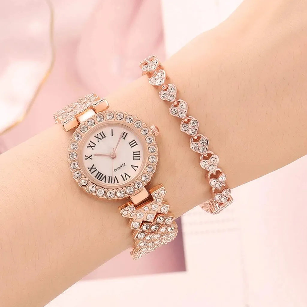 Damen Armband Uhren Set Strass Luxus Quarz Silber Gold Business Armbanduhr
