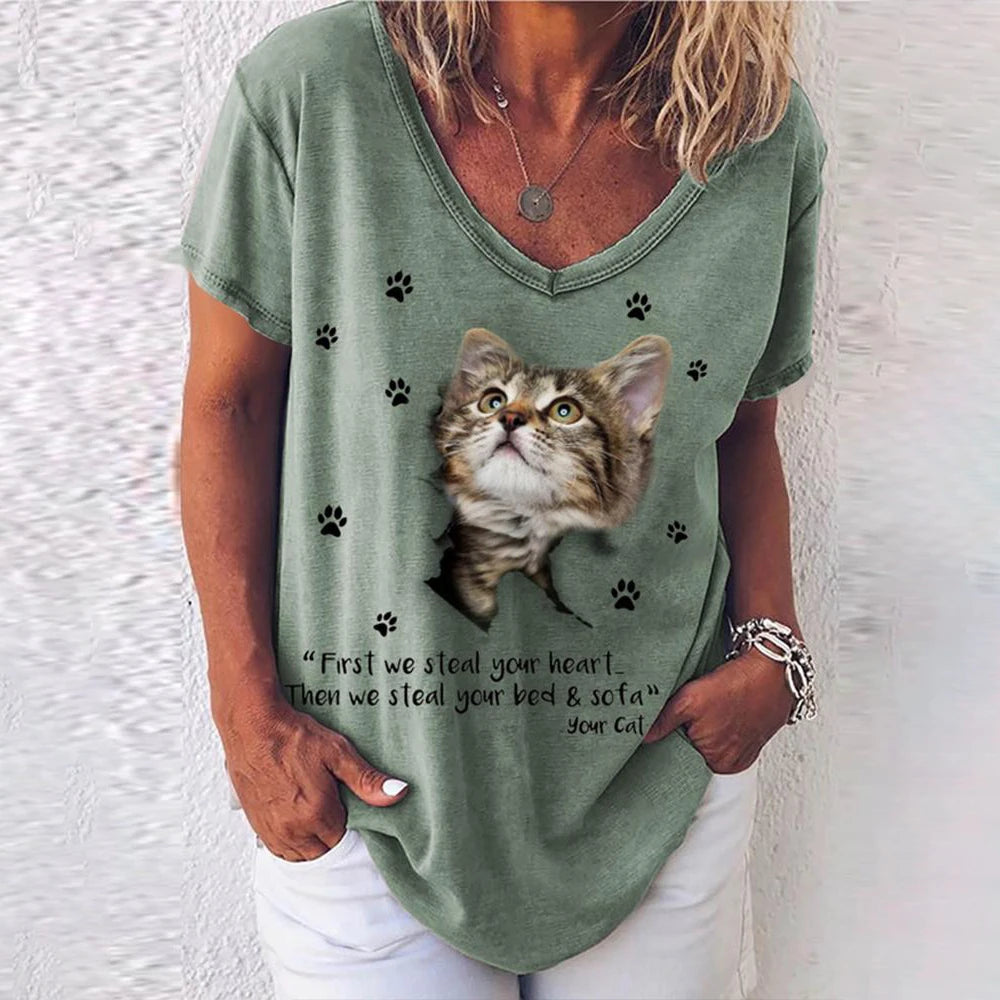 Damen Sommer Top Katzen T-Shirt Rundhals Streetwear Bluse Damentop Mädchen
