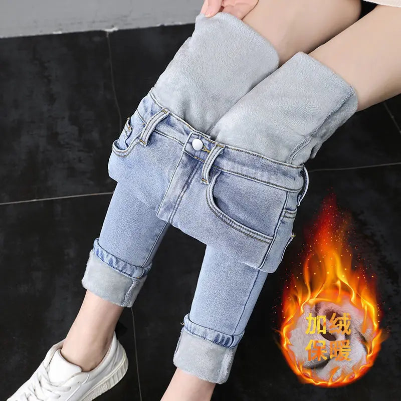 Damen Winter Warm Thermo Jeans Hose Innenfleece Stretch Hosen Leggins Denim