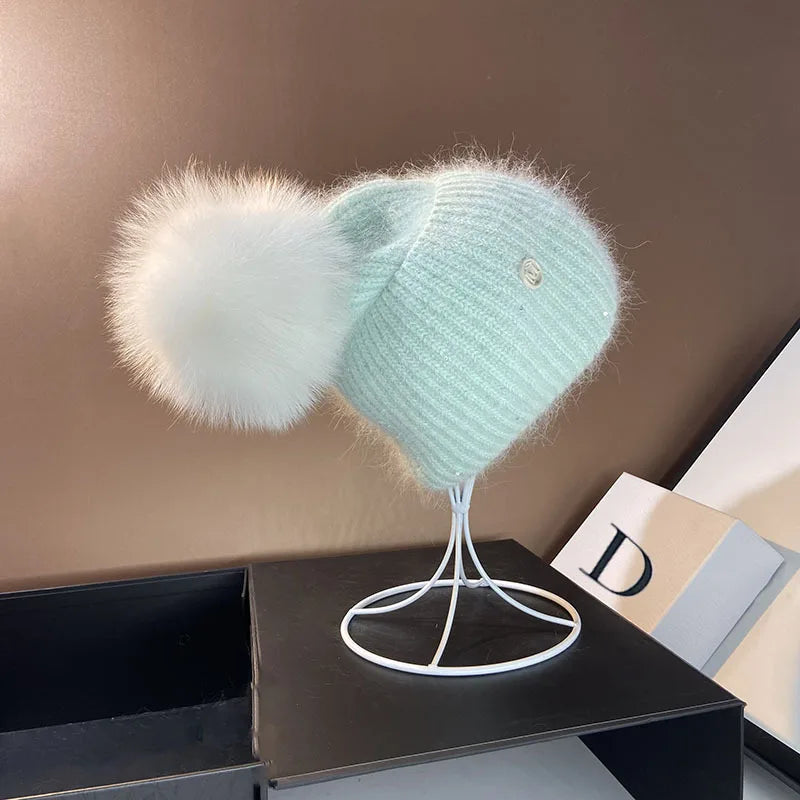 Damen Wolle Mütze Wintermütze Strickmütze Gefüttert Pudelmütze Bommel Skimütze