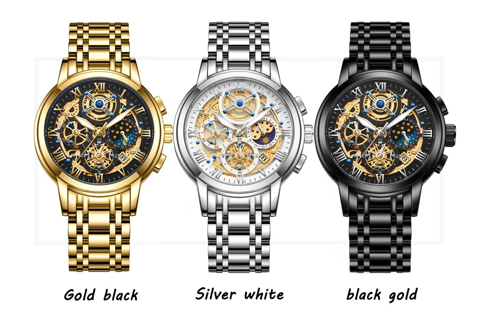 Herren Armbanduhr Silber Schwarz Edelstahl Quarzuhr Luxus Chronograph Business