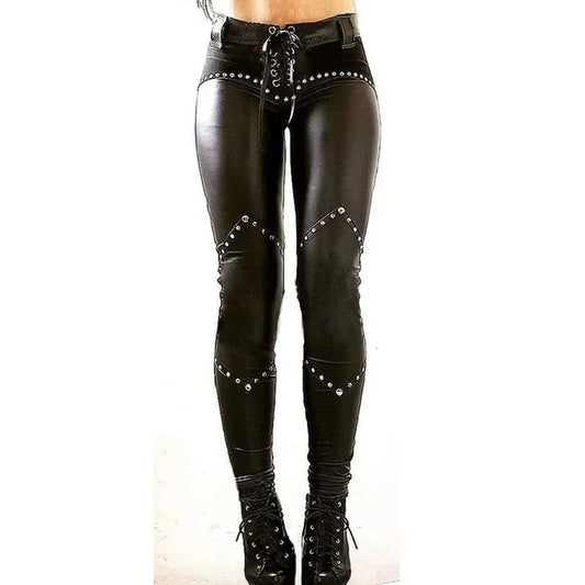 Sexy Damen Leggings Push Up Leggins Gothic Punk Hose PU Lederhose Reißverschluss