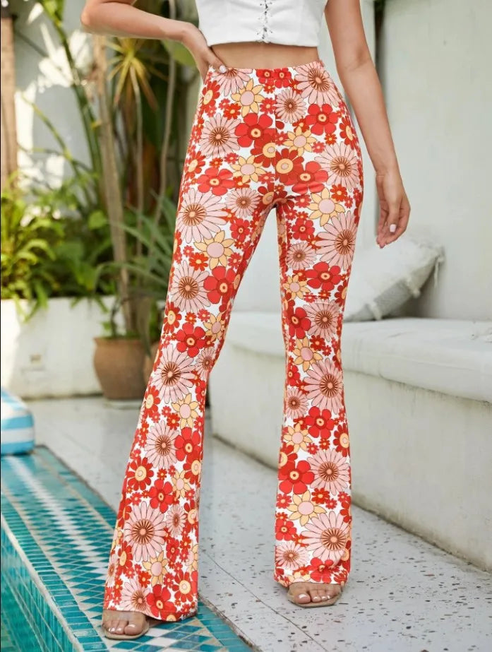 Damen Yoga Hose Bootcut Hüftjeans Schlaghose Flared Leggins Flower Power Retro