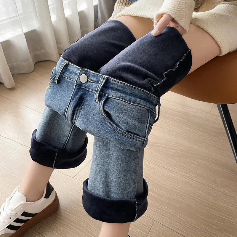 Damen Winter Warm Thermo Jeans Hose Innenfleece Stretch Hosen Leggins Denim