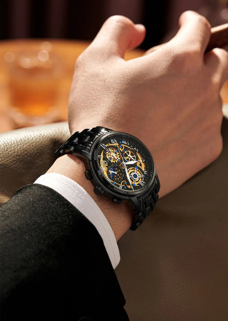Herren Armbanduhr Silber Schwarz Edelstahl Quarzuhr Luxus Chronograph Business