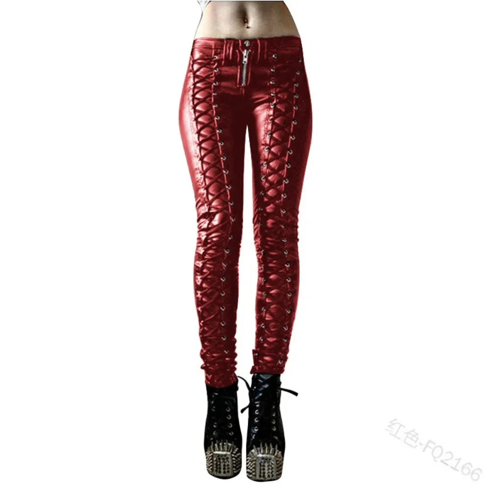 Sexy Damen Leggings Push Up Leggins Gothic Punk Hose PU Lederhose Reißverschluss