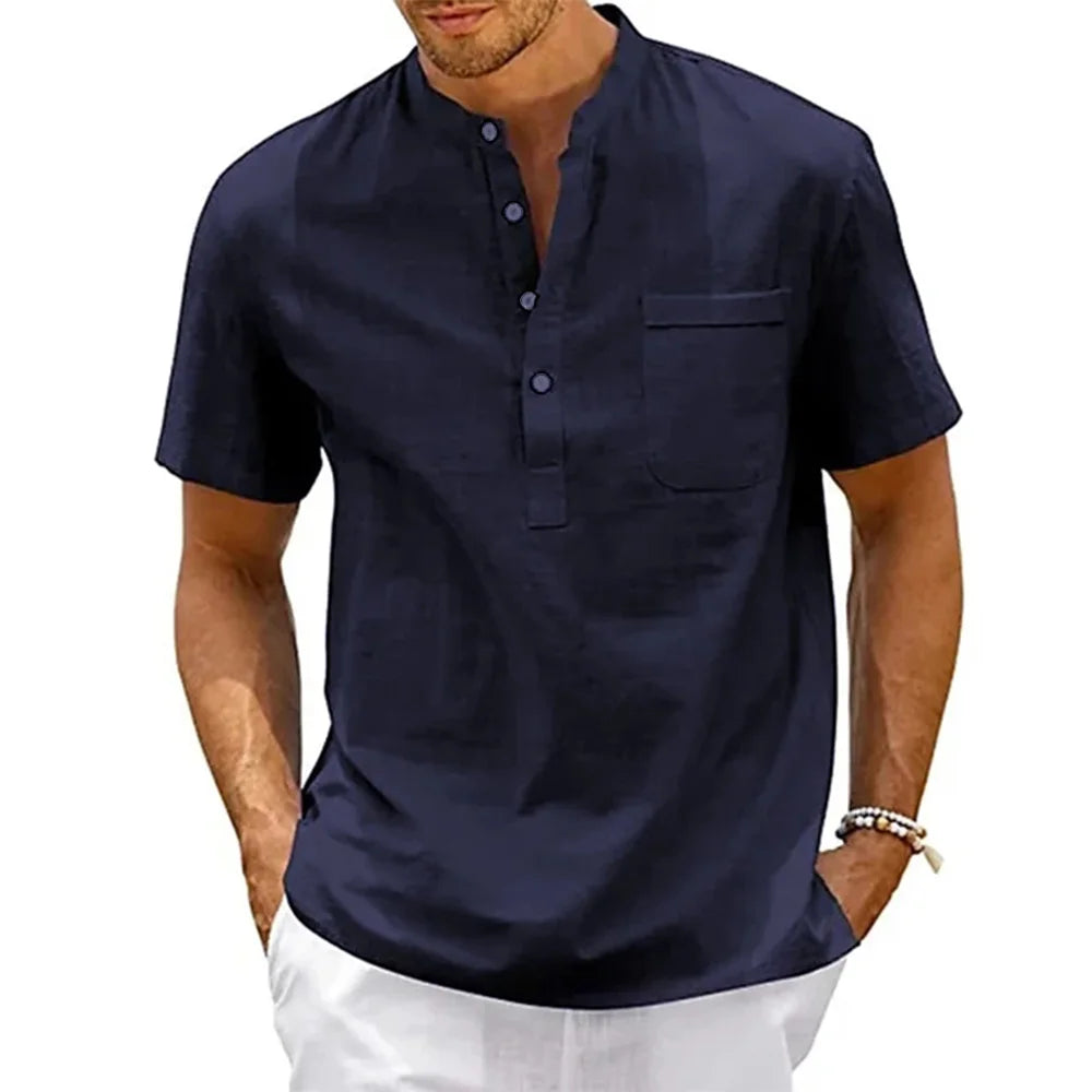 Herren Hemd Poloshirt Leinenhemd Kurzarm T-Shirt Leinen Polohemd Freizeithemd