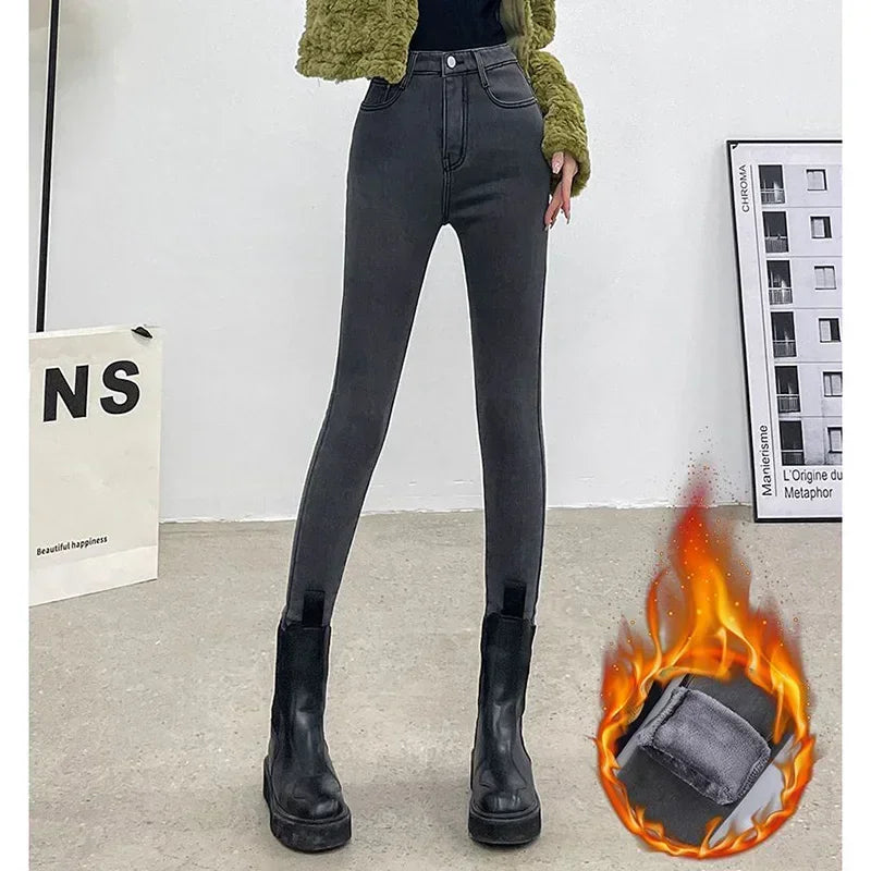 Damen Winter Warm Thermo Jeans Hose Innenfleece Stretch Hosen Leggins Denim