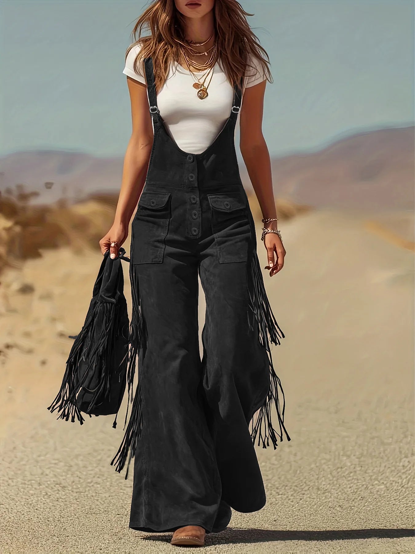 Damen Fashion Hose Latzhose Schlaghose Retro Western Flare Trägerhose Overall