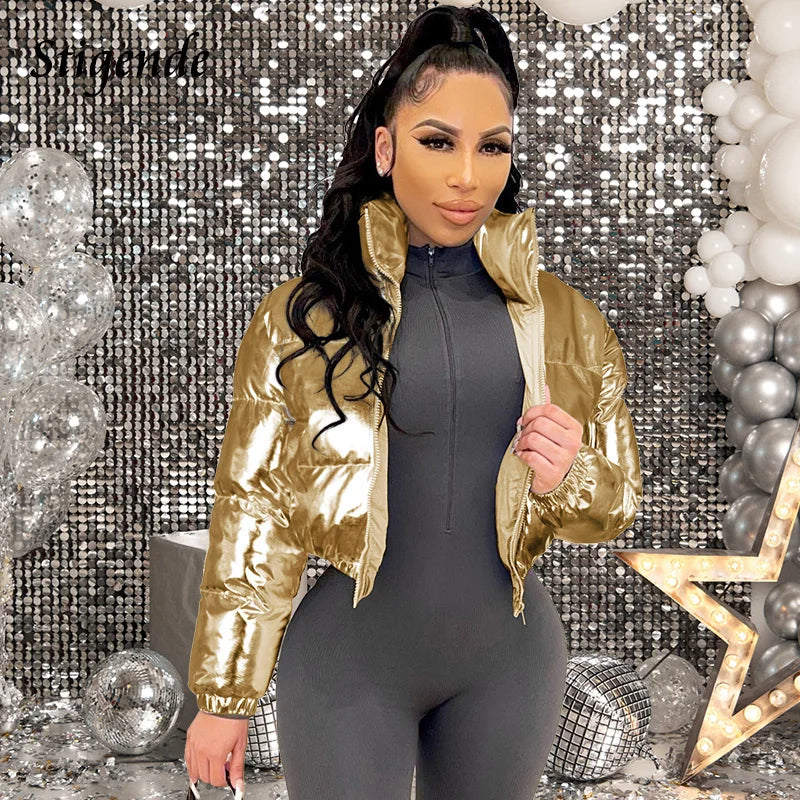 Damen Glänzende Daunenjacke Mit Kapuze Gold Steppjacke Streetwear Stepp Jacke