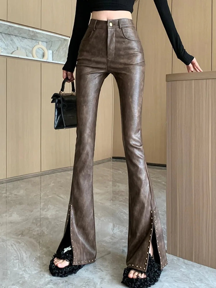 Damen Hose Gothic Punk PU Lederhose Bootcut Strech Hüftjeans Schlaghose Flared