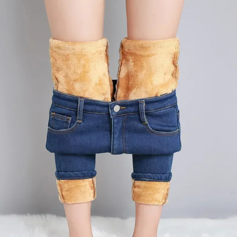 Damen Winter Warm Thermo Jeans Hose Innenfleece Stretch Hosen Leggins Denim