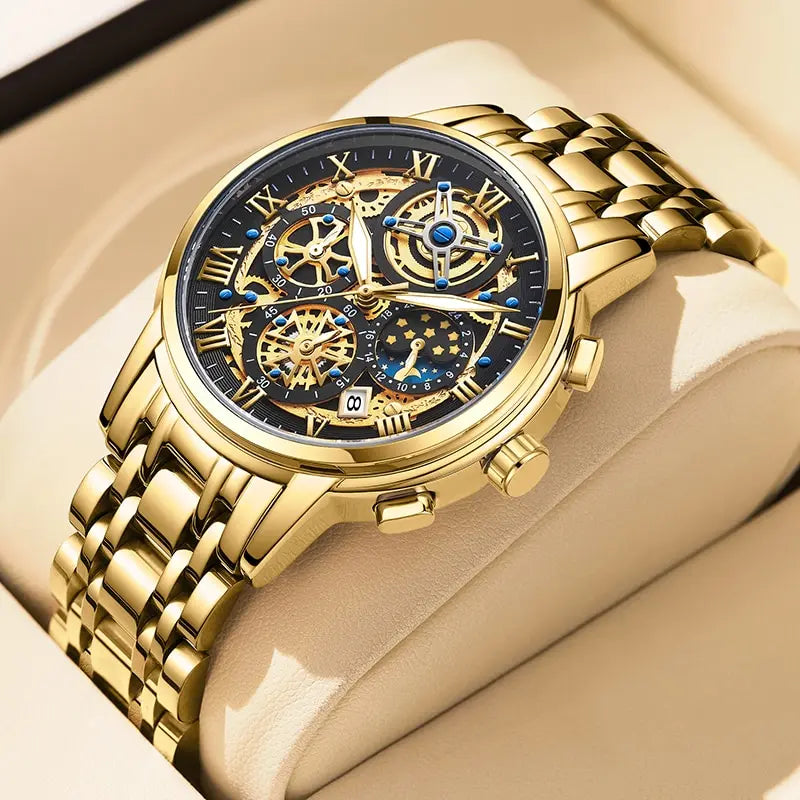 Herren Armbanduhr Silber Schwarz Edelstahl Quarzuhr Luxus Chronograph Business