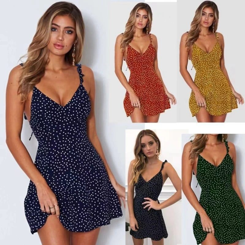 Damen Sommer Kleid A-Linie Midikleid Cocktail Freizeit Polka Dot Partydkleid
