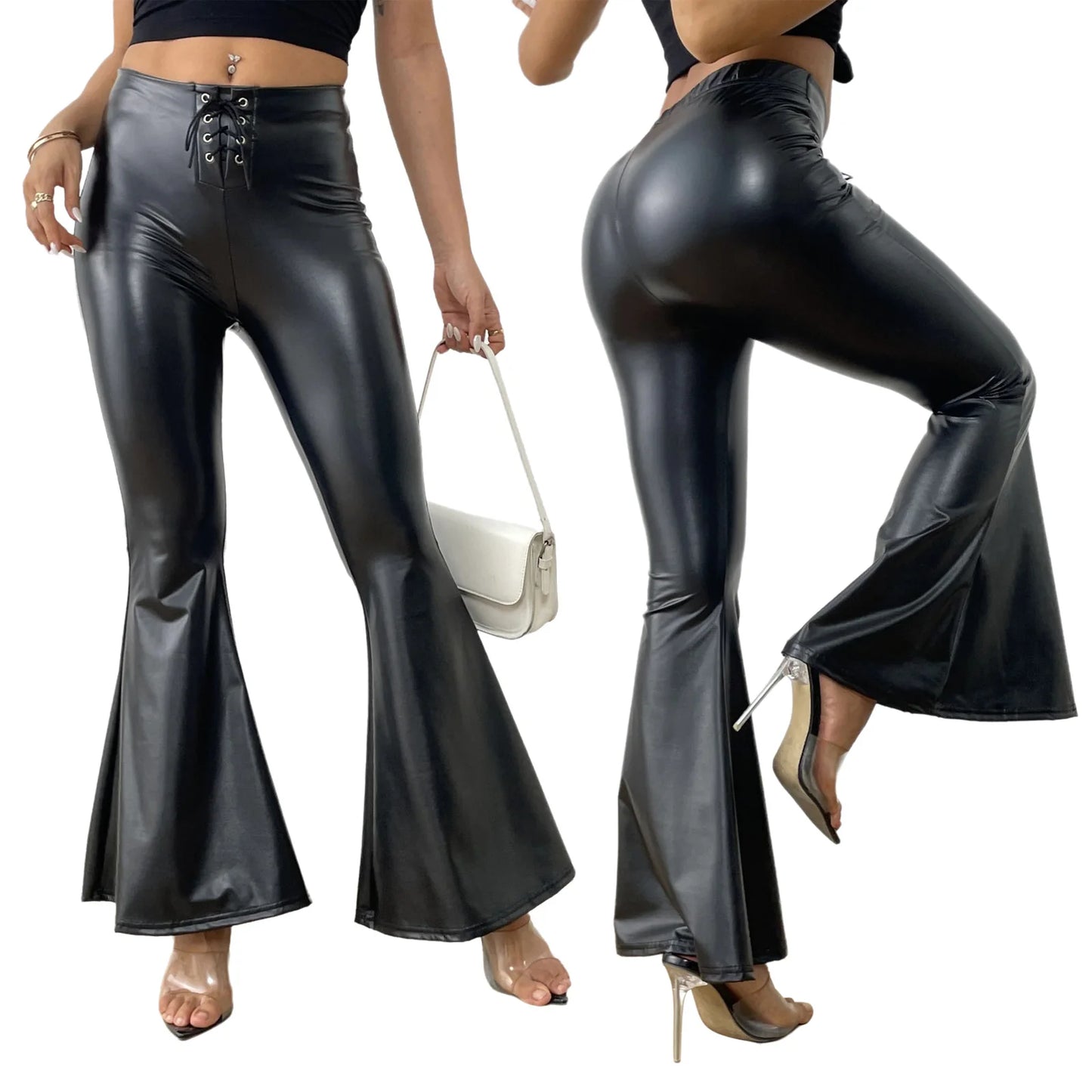 Sexy Damen Fashion Hose Gothic Punk glänzende PU Lederhose Schlaghose Latex